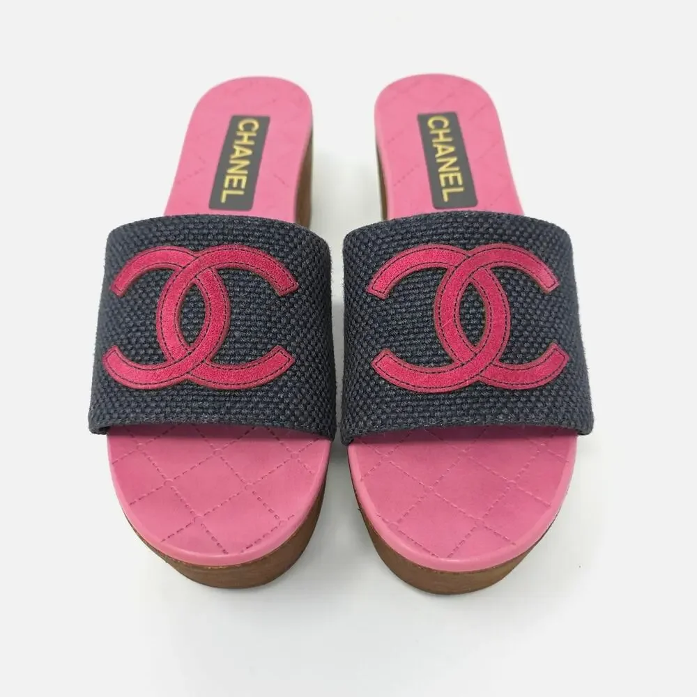 Chanel CC Logo Platform Slides Day Sandals Pink Navy Blue Slip On IT 39 US 8.5